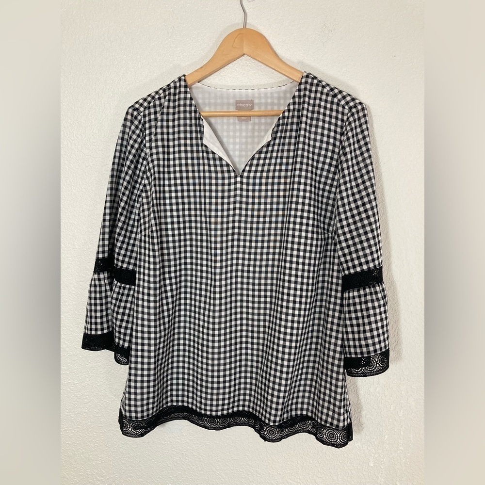 Chicos 2 black and white plaid blouse flare sleeves lace trim US 12-14 keyhole